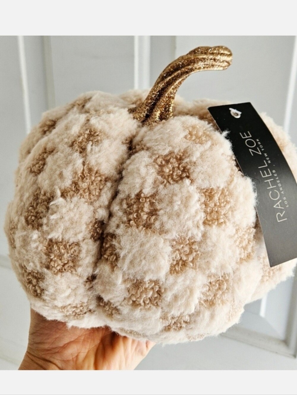 NWT Rachel Zoe Weighted, Plush Checkerboard Pumpkin with Gold Stem